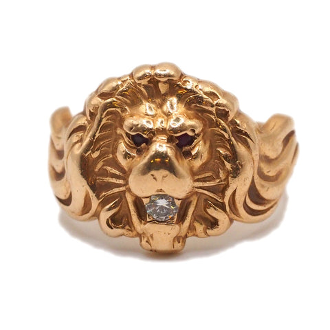 14k Yellow Gold Lions Head Ring, Ruby Eyes, Diamond Mouth