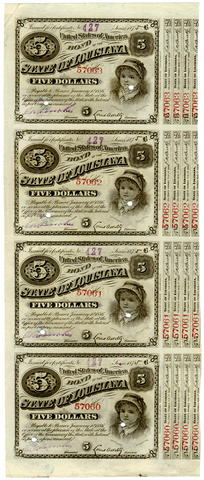 1875 $5 State of Louisiana "Baby Bonds" ~ Sheet of 4 ~ XF/AU POC