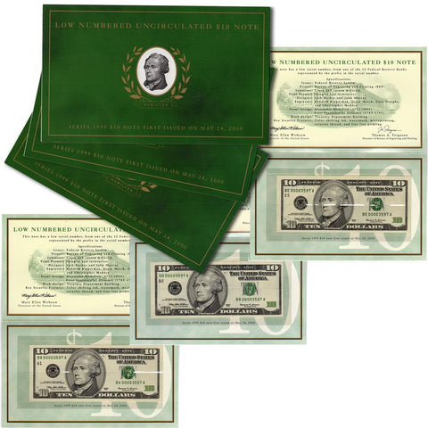 Three 1999 $10 Matching Serial Number "Low Numbered" Notes - Gem Uncirculated