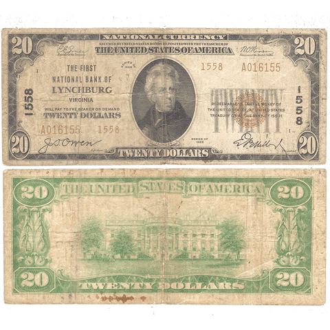 1929 T.2 $20 First National Bank of Lynchburg VA Charter 1558 ~ Very Good