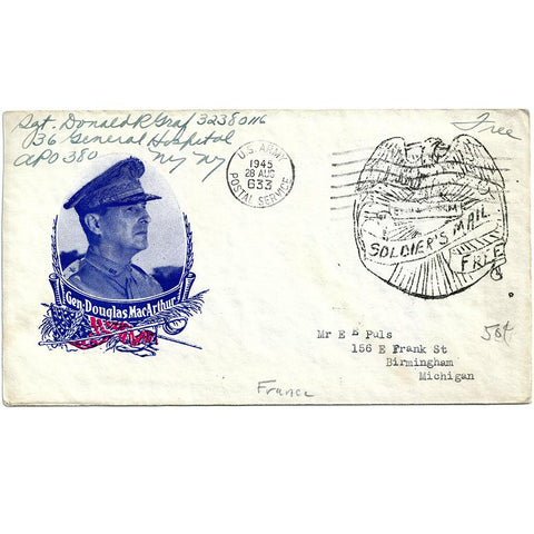 Aug 28, 1945 General MacArthur Patriotic Cover France to US Ex-Puls