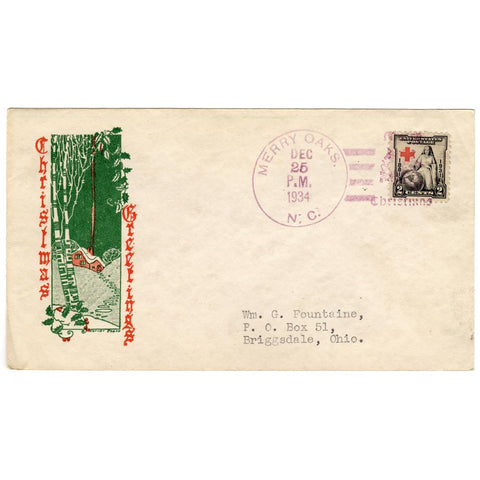 Dec 25, 1934 Christmas Greetings Cover with Merry Oaks, NC Fancy Cancel