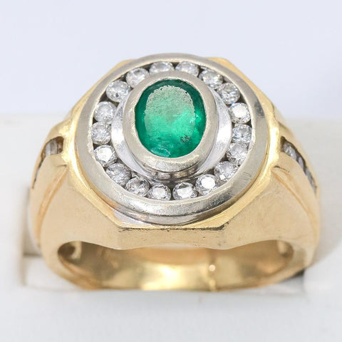 Men's 14K Solid Gold 3+ Ct Natural Emerald and Diamond Ring - Size 11