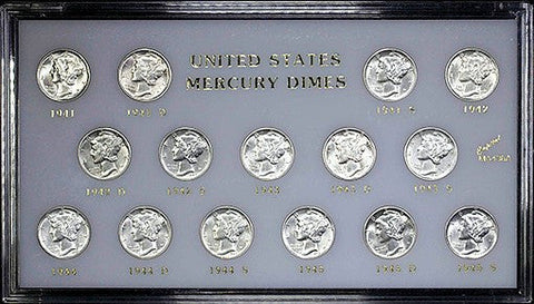1941-1945 Mercury Dime “War Years" 15 Coin Set ~ Brilliant Uncirculated & Housed In Deluxe Lucite