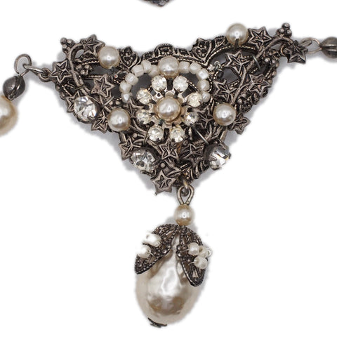 Vintage Signed Miriam Haskell Necklace Baroque Drop & Rhinestone Accents