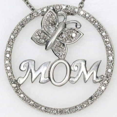 Sterling Silver & Diamond Butterfly Mom Pendant on 18" Sterling Chain