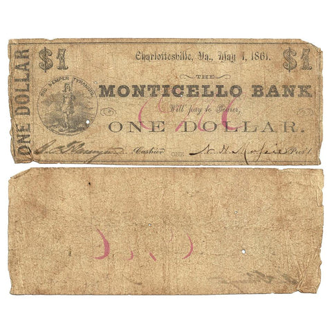 1861 Monticello Bank $1, Virginia VA-45-G32 ~ Good