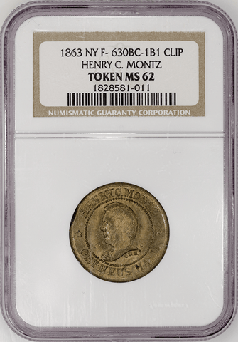 1863 Henry C. Montz Civil War Token (NY-630BC-1b1 Rarity 7) ~ NGC MS 62