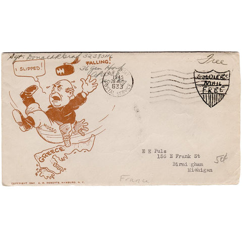 Aug 28, 1943 - Mussolini Slipped Patriotic Cover, Custom Free Mail Stamp, Ex-Puls