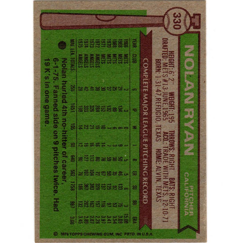 1976 Nolan Ryan #330 Topps - Angels, HoF - VG/EX