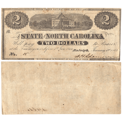 1863 $2 State of North Carolina Note - Cr. 131 - Crisp Very Fine