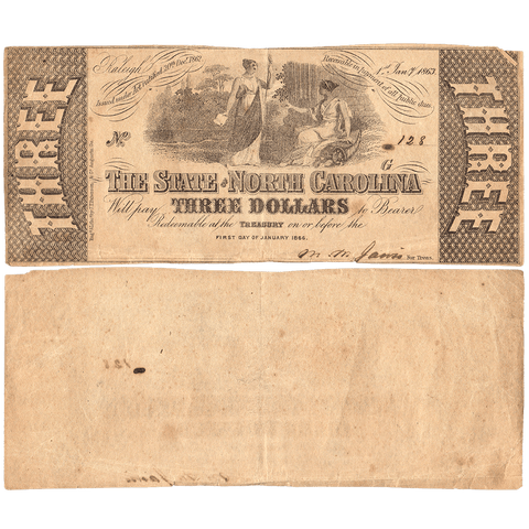 1863 $3 State of North Carolina Note - Cr. 125 - Choice Very Fine