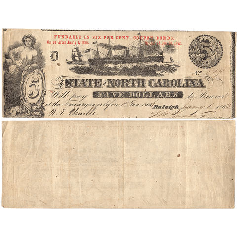 1863 $5 State of North Carolina Note - Cr. 124 - Crisp Very Fine
