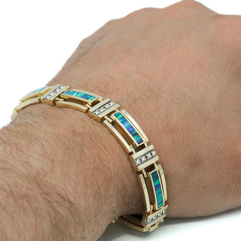 Handsome Men's 14k Gold Black Opal & Diamond Bracelet - 8 1/4 Long