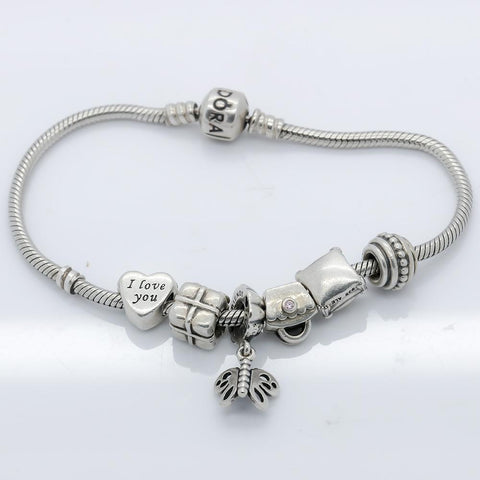 Authentic Pandora Sterling Silver Bracelet with 6 Charms
