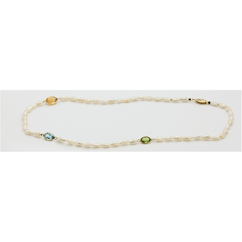 14K Freshwater Pearl with Citrine, Peridot & Aquamarine Necklace, 17" Long