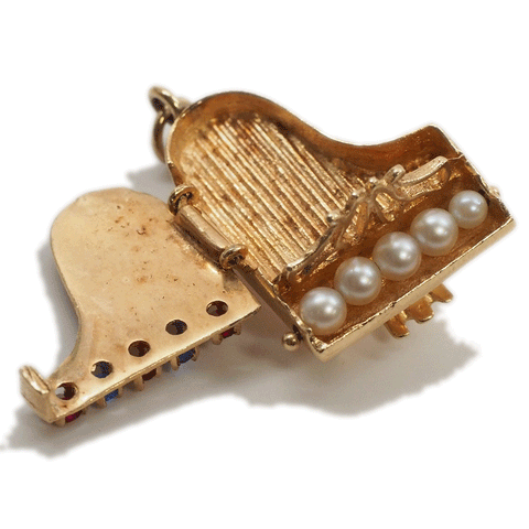 Vintage Reticulated 14k Gold Grand Piano Charm/Pendant with Pearls and Gemstones