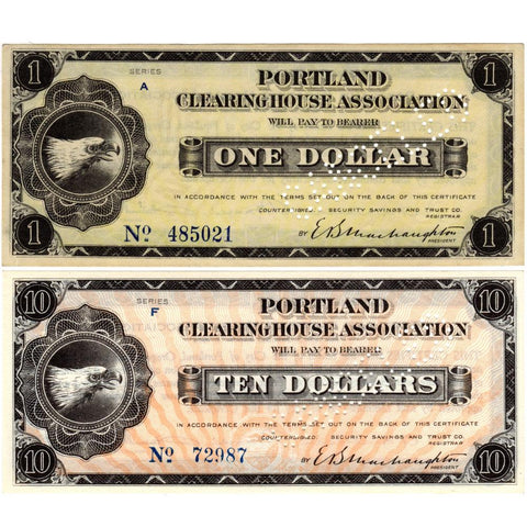 1933 $1 & $10 Pair of Portland Clearing House Scrip Notes - Uncirculated