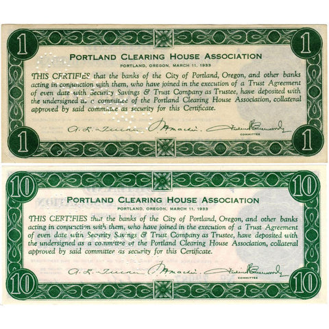 1933 $1 & $10 Pair of Portland Clearing House Scrip Notes - Uncirculated