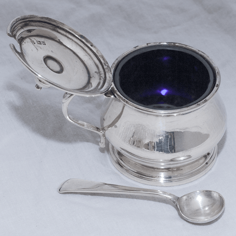 1957 F.C. Richards Sterling Silver Mustard Pot & Spoon with Cobalt Glass Liner
