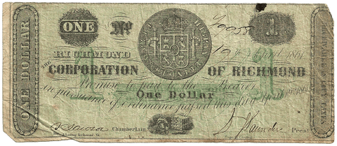 1861 $1 Corporation of Richmond, Virginia TR05-21 ~ Very Good