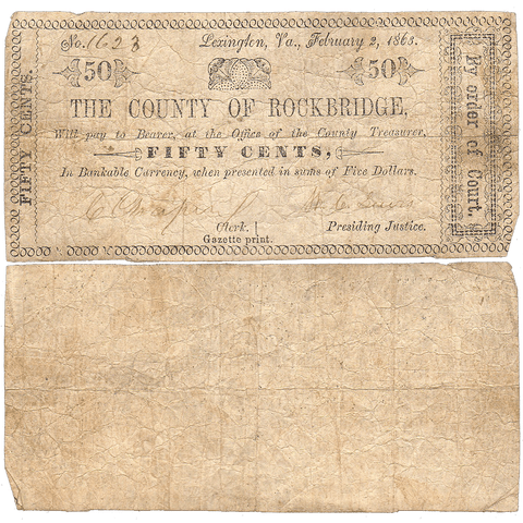 1863 50c County of Rockbridge - Lexington Virginia - Very Good