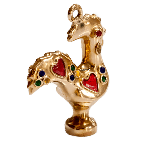 Pretty 14K Yellow Gold and Colored Glass Adorned Rooster Charm