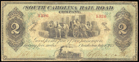 1873 $2 South Carolina Rail Road Co. - Sheheen 667 - Very Good+