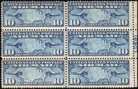Scott #C7 1926/7 10¢ Air Mail Map Dark Blue Plate Block of 6 - Very Fine OG NH