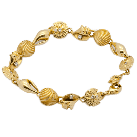 14K Gold Seashell Bracelet with 8 Petite Diamond Accents - 7 1/4" Long