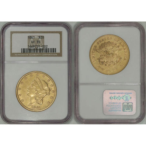 1861 Civil War Date $20 Liberty Gold Coin - NGC VF35