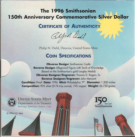 1996 Smithsonian Young Collector's 150th Anniversary Commemorative Proof Silver Dollar Set