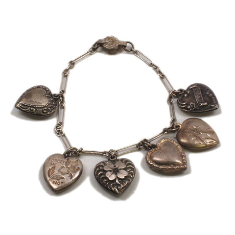Vintage Sterling Bracelet with Six Puffy Heart Charms Forget Me Not