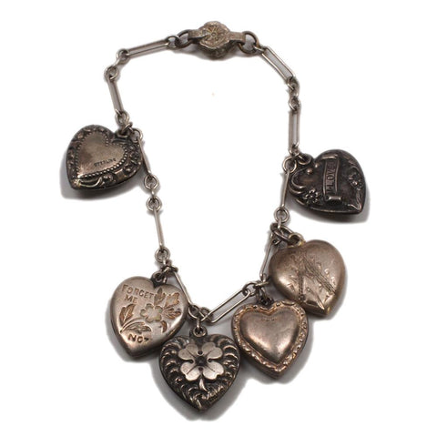Vintage Sterling Bracelet with Six Puffy Heart Charms Forget Me Not