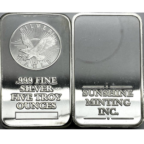 5 oz .999 Silver Bars - Sunshine Mint Silver Eagle Branded