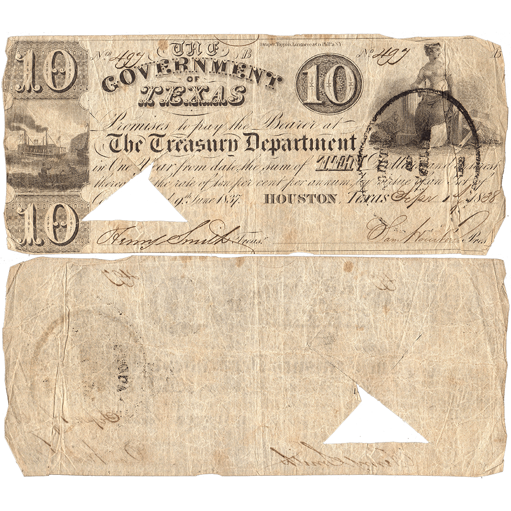 Texas Notes 1838 $10 Republic of Texas Treasury Note Cr. H17A - Sam Houston Signat