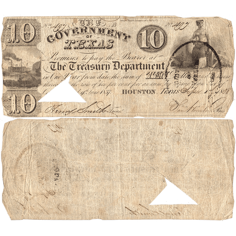 1838 $10 Republic of Texas Treasury Note Cr. H17A - Sam Houston Signature - Crisp Fine Cut Canceled