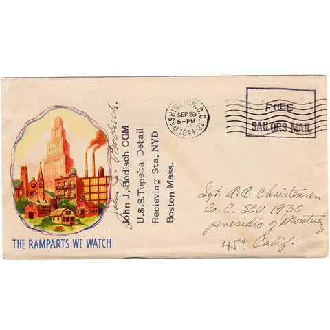 Sep 29, 1944 - The Ramparts We Watch Patriotic Cover Free Sailors Mail