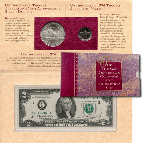1993 Thomas Jefferson Coin and Currency Set (Includes 1994 Matte Nickel & 1976 $2 Note)
