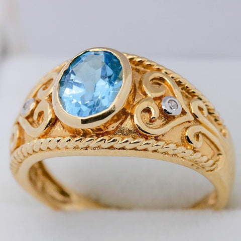 10K Gold Blue Topaz w/ Petite Diamond Accents Ring - Size 6 3/4
