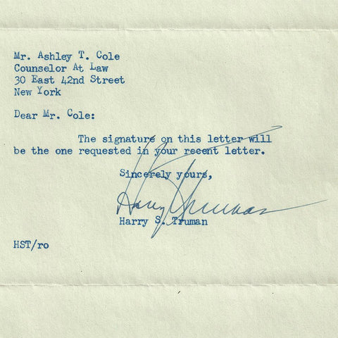 1942 Harry S. Truman Autographed Letter to Noted Collector Ashley T. Cole