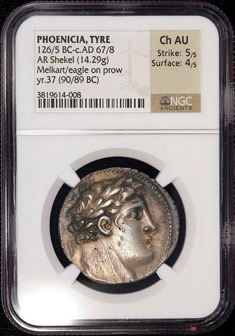 Phoenicia, Tyre AR Shekel 126/5 BC-67/8 AD, NGC Choice AU 5/4