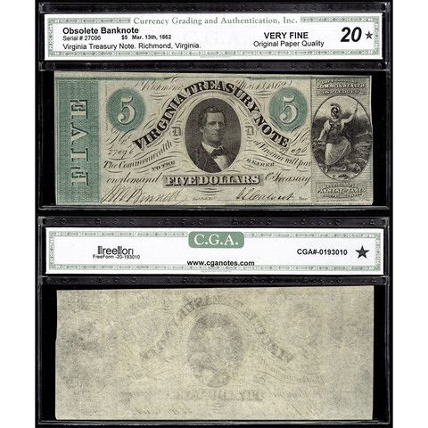 1862 $5 Virginia Treasury Note Cr.13 ~ CGA VF 20 Star
