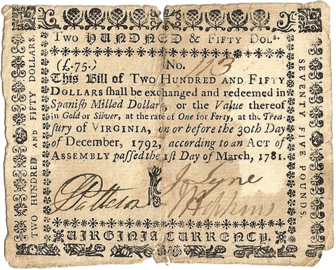 Virginia March 1, 1781 $250 Thin Laid Paper VA-207a - Net Very Fine+