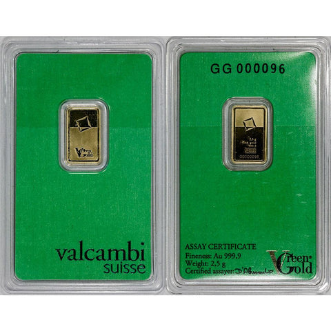 2.5 gram Valcambi 'Green Gold' .9999 Gold Bar in Assay Card