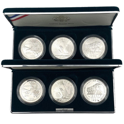 1994 Proof & Unc 3-Coin US Veterans Commemorative Silver Dollar Sets (No COA or Outer Box)