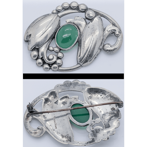 Art Nouveau Sterling Silver Flower Broach with Green Chalcedony