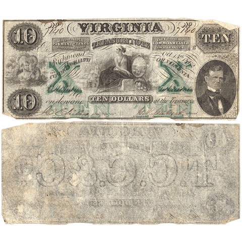 1862 $10 Virginia Treasury Note Cr.11 (Watermarked TCCC & Co) ~ Fine+