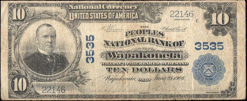 1902 Plain Back $10 Peoples National Bank of Wapakoneta, OH Charter 3535 ~ Net VG/Fine