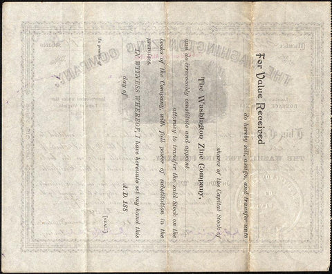 1890 Washington Zinc Company Stock Certificate - Bonsack, Virginia